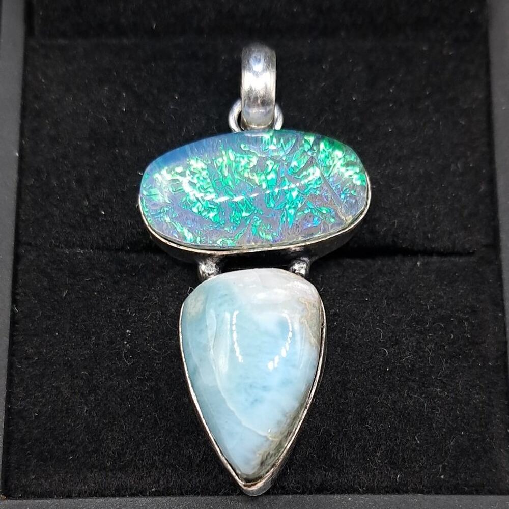 Larimar Opalite Crystal Ethnic 925 Silver Plated Pendant, 2"